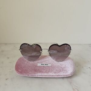 MIU MIU: Heart Sunglasses with Silver Frame and Pink Case